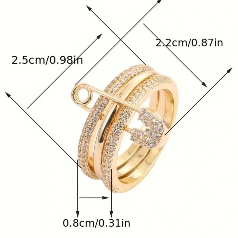 🆕 Multi-layer gold tone safety pin ring with cubic zirconia - Picture 4 of 8